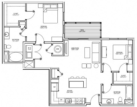 Floor plan for 2 beds, 2 baths, 1141 sqft